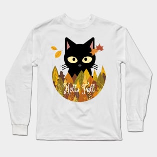 Hello fall Black Cat Autumn Fall Halloween Thanksgiving and Fall Color Lovers Long Sleeve T-Shirt